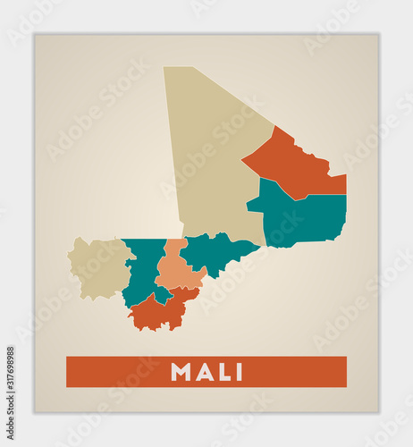 Mali poster. Map of the country with colorful regions. Shape of Mali with country name. Superb vector illustration.