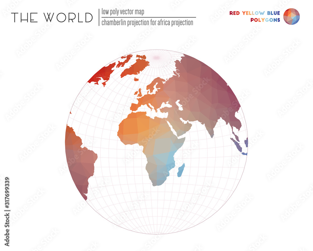 Polygonal map of the world. Chamberlin projection for Africa projection of the world. Red, Yellow, and Blue colored polygons. Modern vector illustration. Polygonal map of the world. Chamberlin projection for Africa projection of the world. Red, Yellow, and Blue colored polygons. Modern vector illustration.