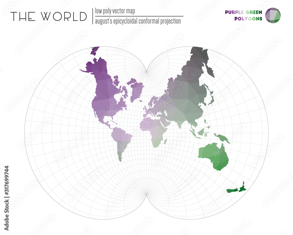 Abstract geometric world map. August's epicycloidal conformal projection of the world. Purple and green colored polygons. Modern vector illustration. Abstract geometric world map. August's epicycloidal conformal projection of the world. Purple and green colored polygons. Modern vector illustration.