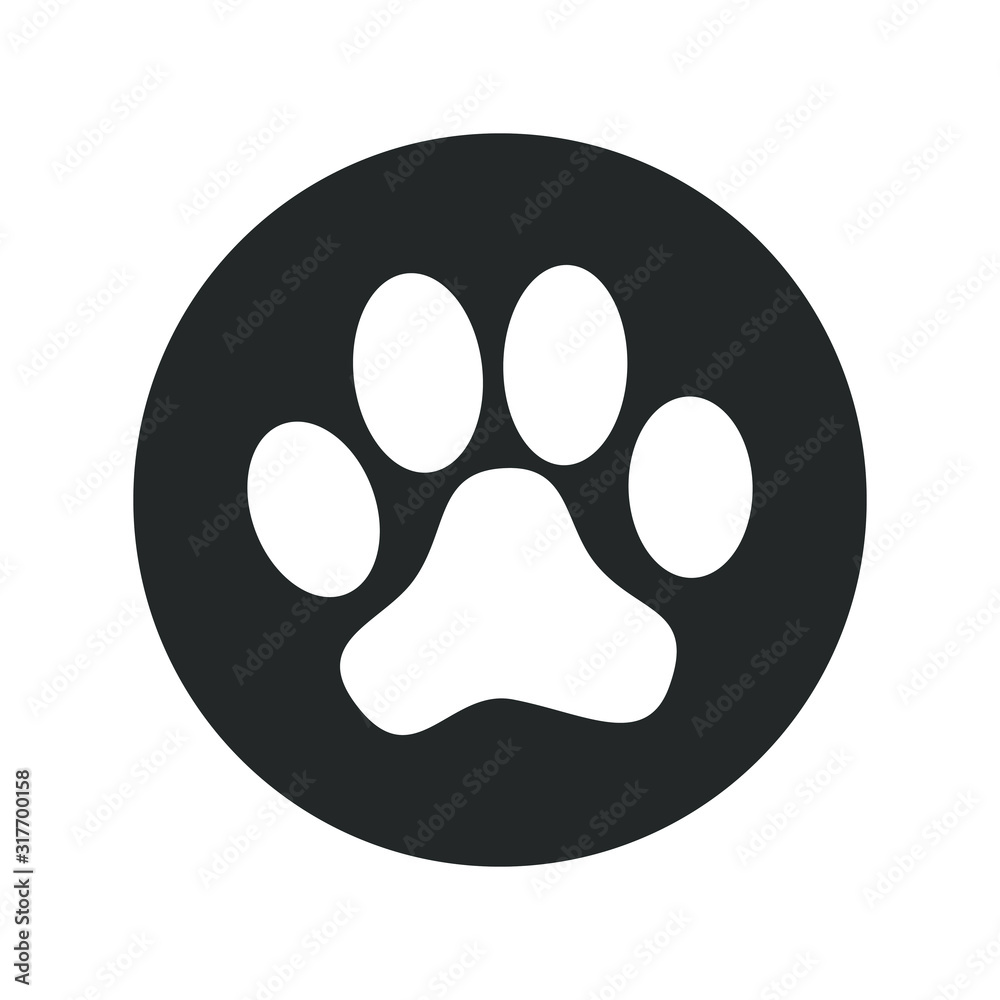 Animal paw print graphic icon. Paw sign in the circle isolated on white background. Vector illustration Animal paw print graphic icon. Paw sign in the circle isolated on white background. Vector illustration