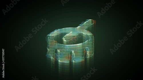 3d rendering glowing hologram of symbol of drum and stick distorted glitch green old tv screen on black background