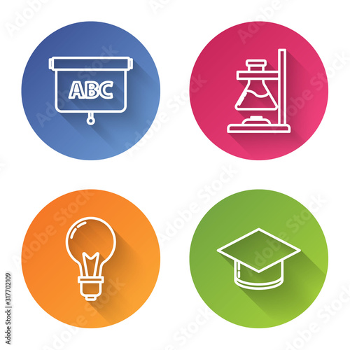 Set line Chalkboard, Glass test tube flask on fire, Light bulb with concept of idea and Graduation cap. Color circle button. Vector