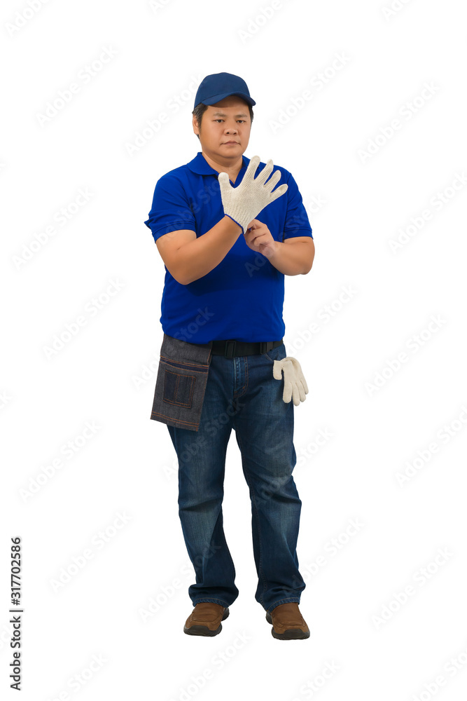 asian man worker in blue shirt with Waist bag for equipment are wearing gloves isolated on white asian man worker in blue shirt with Waist bag for equipment are wearing gloves isolated on white