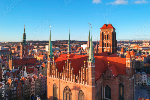 Aerial view of the St. Mary's Basilica in Gdansk at sunrise, Poland