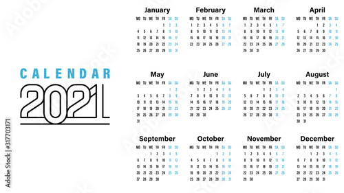 2021 Calendar template vector illustration simple design week starts on Monday indicate weekends with blue