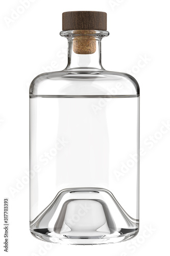Clear White Glass Bottle of Rum, Whiskey, Vodka, Gin, Sake, Tequila, Brandy, Tincture, Moonshine or Cognac Bottle is Partially Filled. 3D Render Isolated on White.