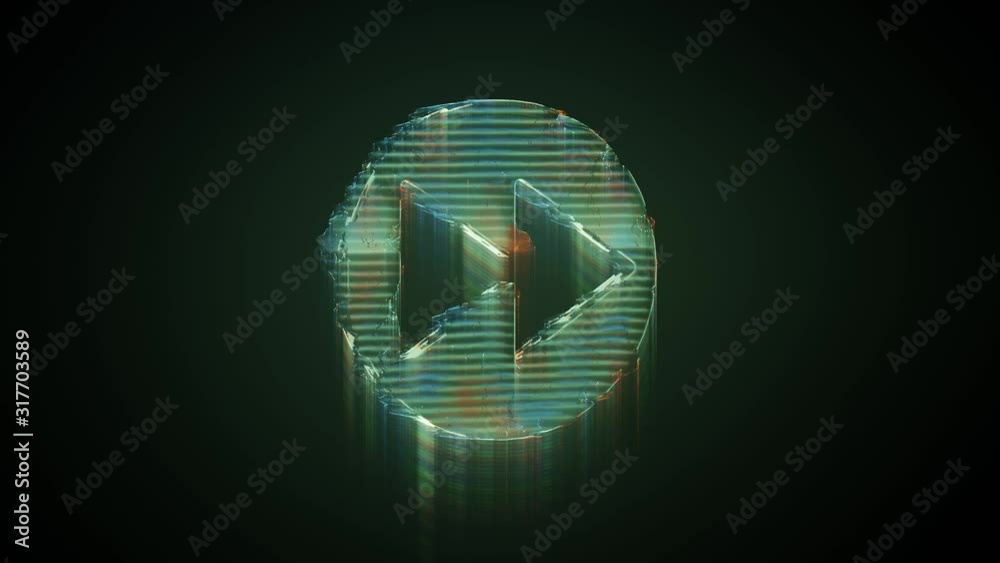 3d rendering glowing hologram of symbol of fast forward in circle distorted glitch green old tv screen on black background