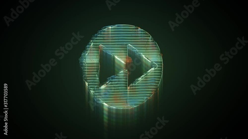 3d rendering glowing hologram of symbol of fast forward in circle distorted glitch green old tv screen on black background photo