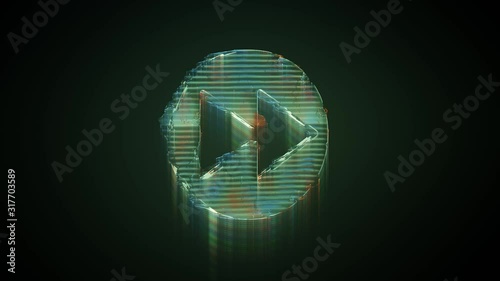 3d rendering glowing hologram of symbol of fast forward in circle distorted glitch green old tv screen on black background