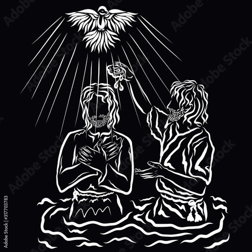 Fotografiet John baptizes Jesus, a dove descending and light, pattern on a black background
