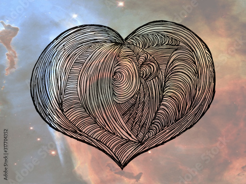  Illustration with pencil and watercolor paints. Abstract heart. Design of banners, wallpaper, clothes, backgrounds.