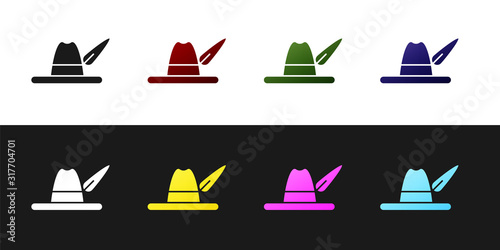 Set Oktoberfest hat icon isolated on black and white background. Hunter hat with feather. German hat. Vector Illustration