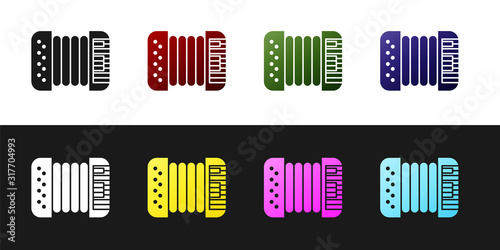 Set Musical instrument accordion icon isolated on black and white background. Classical bayan, harmonic. Vector Illustration