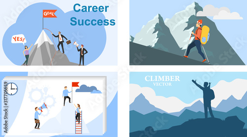 The path to the top. Mountain climbing. Career. Vector illustration of career growth.