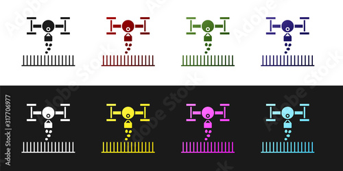Set Smart farm with drone control for seed planting icon isolated on black and white background. Innovation technology for agricultural company. Vector Illustration