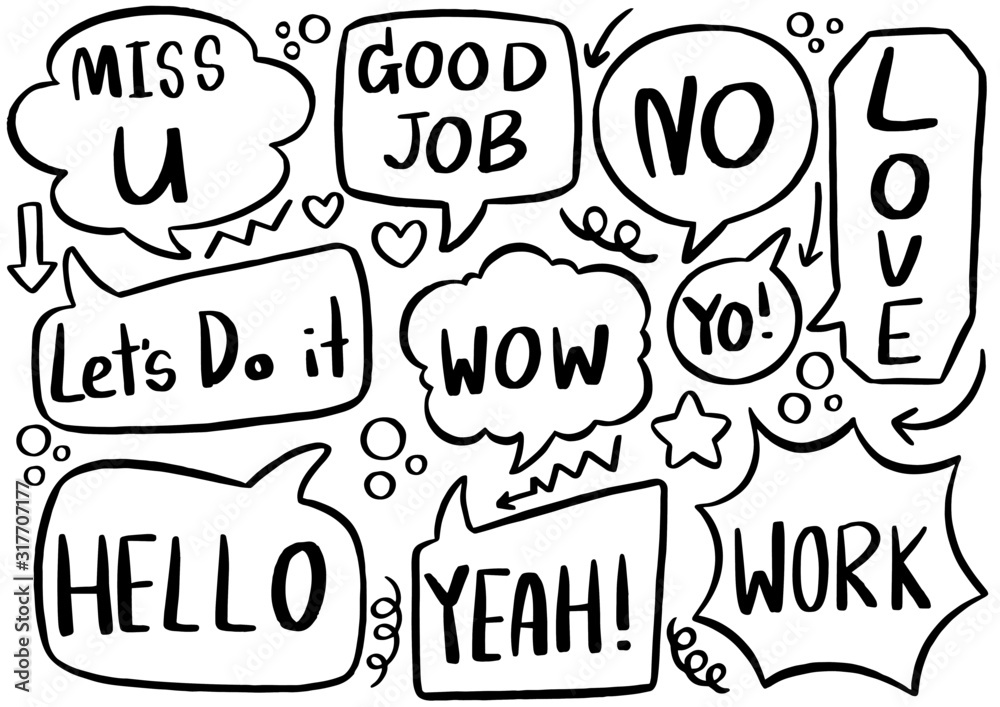 hand drawn background Set of cute speech bubble eith text in doodle style 
