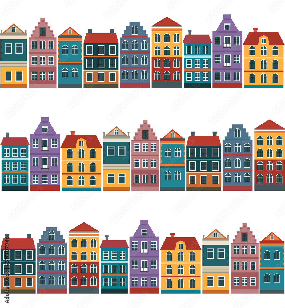 Cute old european houses. Seamless pattern for packaging or print.