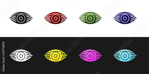Set Reddish eye due to viral, bacterial or allergic conjunctivitis icon isolated on black and white background. Vector Illustration