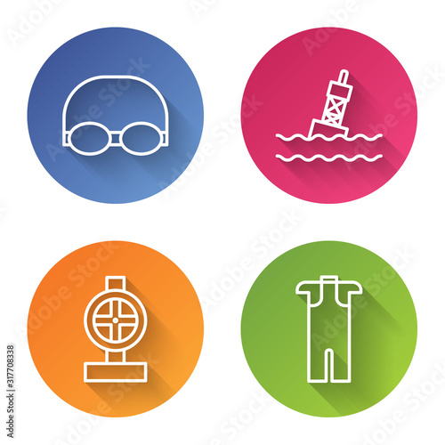 Set line Glasses and cap for swimming, Floating buoy on the sea, Industry metallic pipes and valve and Wetsuit for scuba diving. Color circle button. Vector