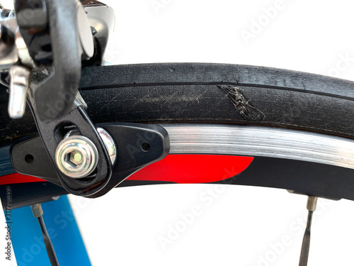 Close up of bicycle tire sidewall damage photo