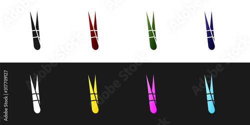 Set Eyebrow tweezers icon isolated on black and white background. Cosmetic tweezers for ingrown hair. Vector Illustration
