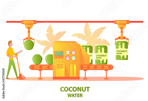Conveyer belt factory green coconut water  drink bottling in aluminum can.Food machine.Male cartoon character factory worker.Flat vector illustration.Tropical palm trees on the background