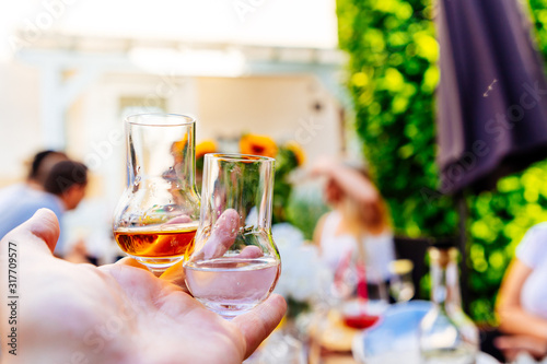 Two grappa glasses with brown and light grappa at a garden party in summer photo