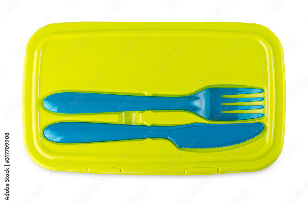 green Plastic food container with knife and fork on white background green Plastic food container with knife and fork on white background