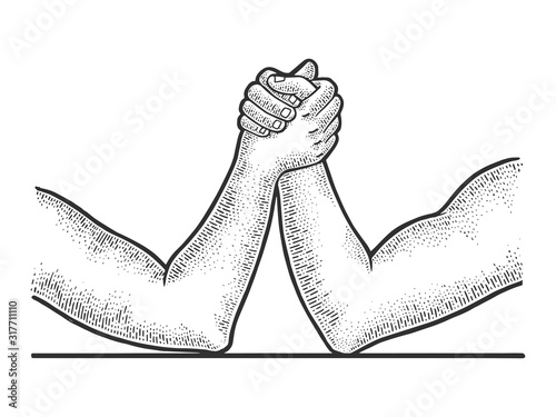 Arm wrestler hands sketch engraving vector illustration. T-shirt apparel print design. Scratch board imitation. Black and white hand drawn image.