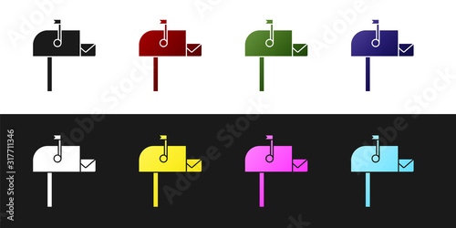 Set Open mail box icon isolated on black and white background. Mailbox icon. Mail postbox on pole with flag. Vector Illustration