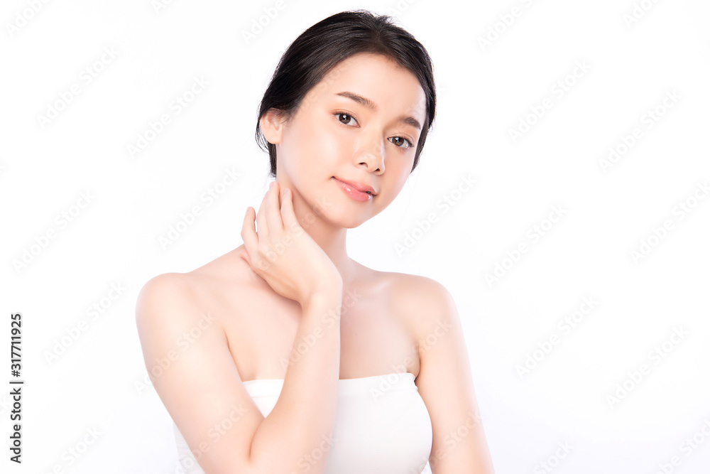 Portrait beautiful young asian woman clean fresh bare skin concept. Asian girl beauty face skincare and health wellness, Facial treatment, Perfect skin, Natural make up, on white background,two Portrait beautiful young asian woman clean fresh bare skin concept. Asian girl beauty face skincare and health wellness, Facial treatment, Perfect skin, Natural make up, on white background,two