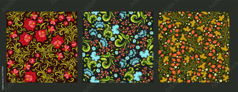 Set of seamless patterns in russian style. Vector graphics.