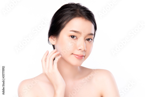 Portrait beautiful young asian woman clean fresh bare skin concept. Asian girl beauty face skincare and health wellness, Facial treatment, Perfect skin, Natural make up, on white background,two