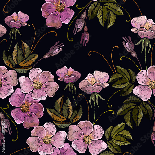 Embroidery wild pink flowers seamless pattern. Spring garden art. Fashion template for clothes, textiles and t-shirt design