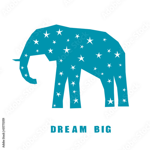 Handmade childish paper cut elephant background. Simple graphic big blue elephant artwork for use in design for birthday greeting card, party invitation, bag print etc.