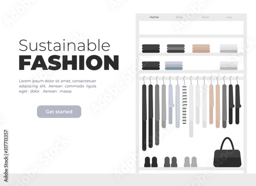 Vector illustration for slow fashion. Capsule wardrobe of sustainable fashion. Gender neutral clothing on hangers. Eco friendly brend of clothing. landing page template