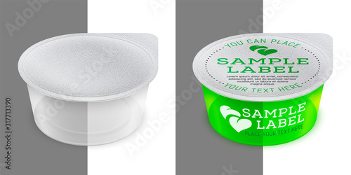 Vector labeled round transparent plastic container sealed with foil. Packaging mockup illustration.