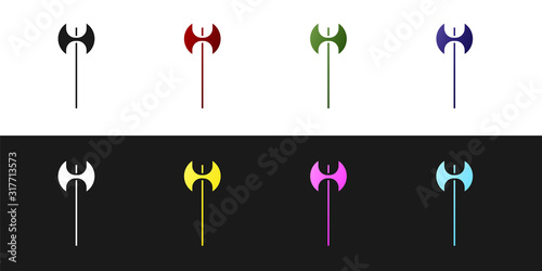 Set Medieval axe icon isolated on black and white background. Battle axe, executioner axe. Medieval weapon. Vector Illustration