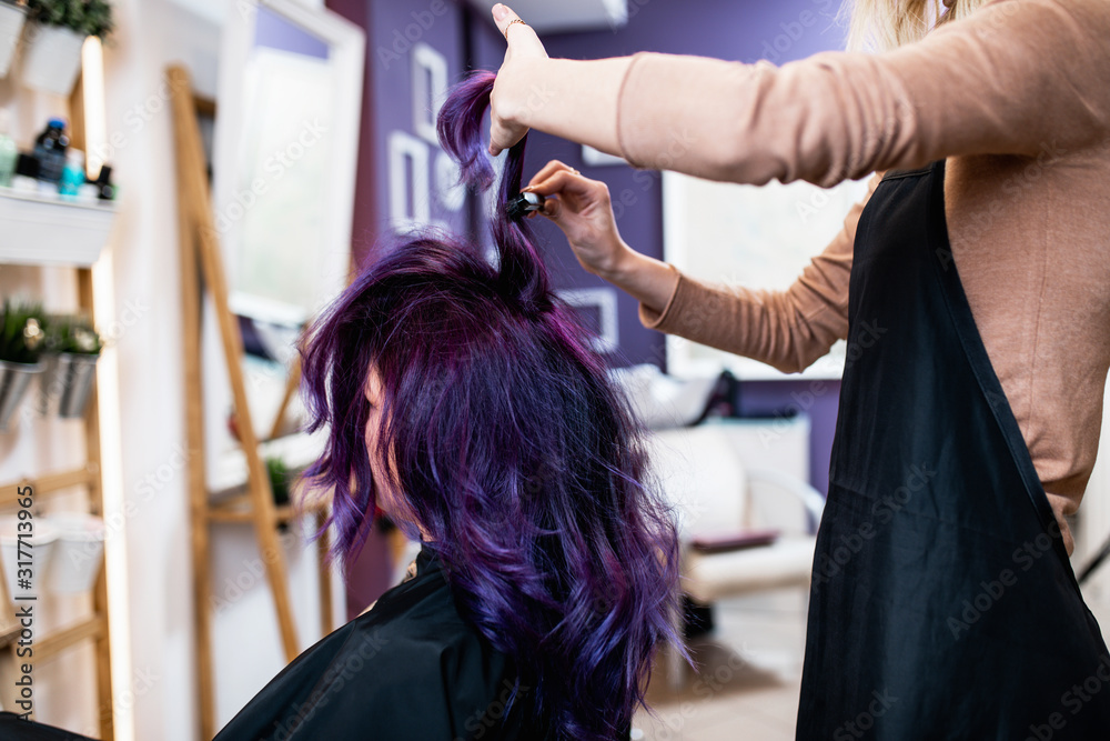 Beautiful hairstyle of young adult woman with purple hair in hair salon. Beautiful hairstyle of young adult woman with purple hair in hair salon.