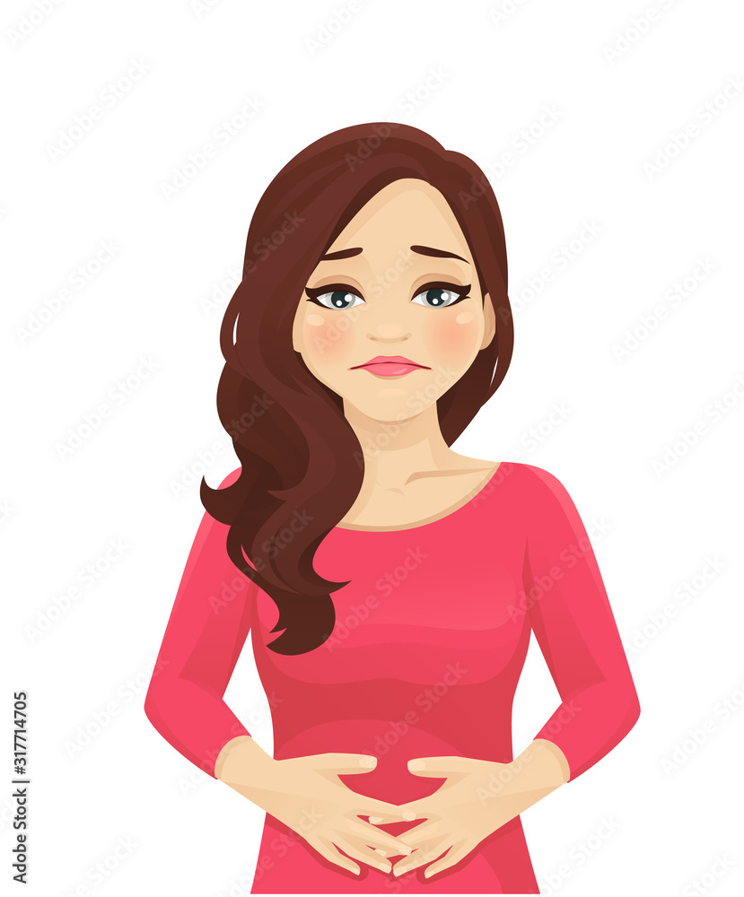 Sad beautiful woman with stomach ache. Isolated vector illustration - obrazy, fototapety, plakaty 
