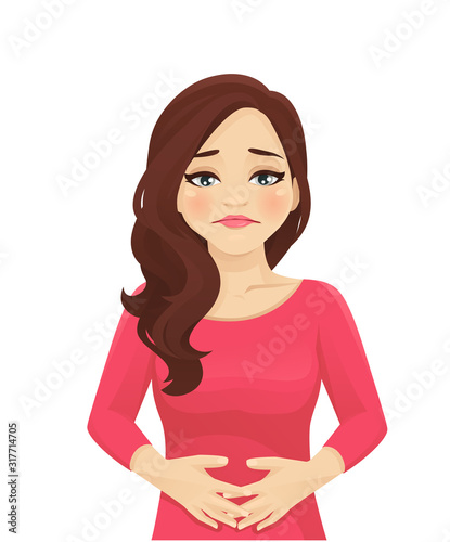 Sad beautiful woman with stomach ache. Isolated vector illustration