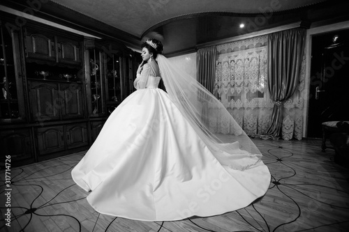 Morning of the bride. Bride's fees. Fashion photo of beautiful bride with dark hair in elegant wedding dress posing in room in the wedding morning.