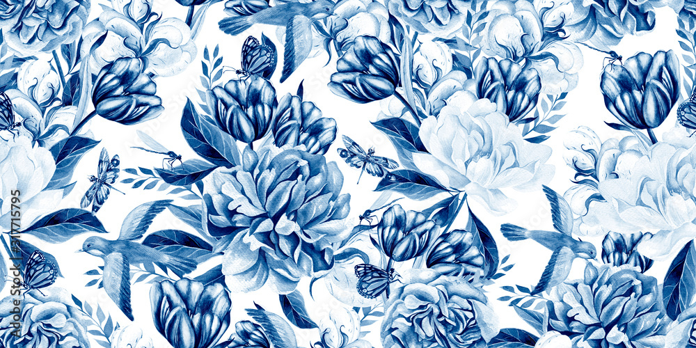 Watercolor seamless spring pattern with peony, tulip, cotton and birds. 