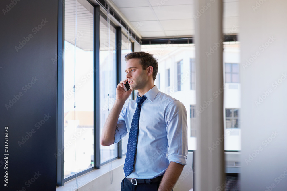 Young business employee talking on his mobile phone in office Young business employee talking on his mobile phone in office