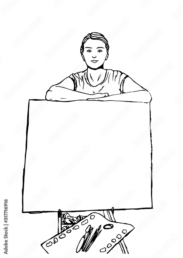 The artist at the canvas. Canvas, palette, brushes. Black and white silhouette, contour. The artist at the canvas. Canvas, palette, brushes. Black and white silhouette, contour.