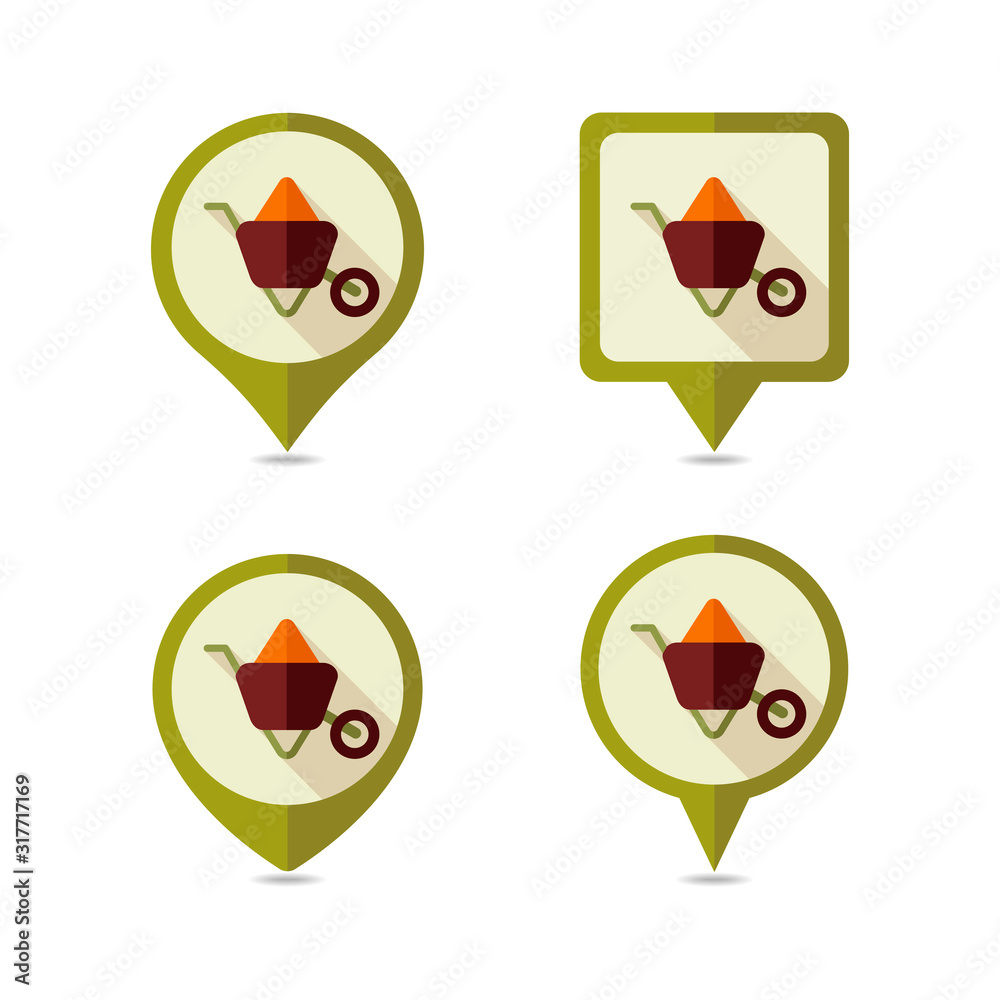 Wheelbarrow carts flat pin map icon. Map pointer Wheelbarrow carts flat pin map icon. Map pointer