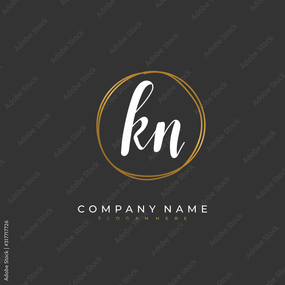  Handwritten initial letter K N KN for identity and logo. Vector logo template with handwriting and signature style.