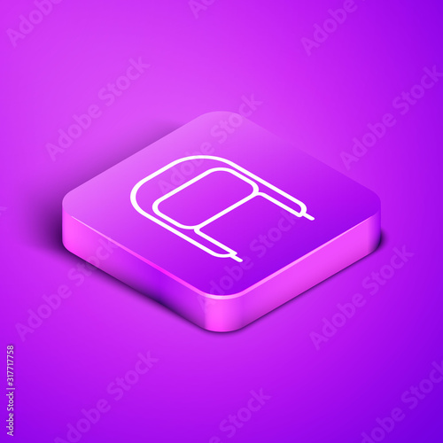 Isometric line Winter hat with ear flaps icon isolated on purple background. Purple square button. Vector Illustration