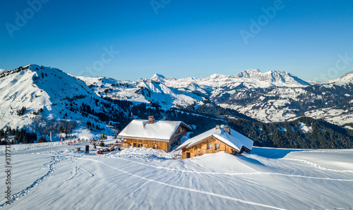 Chalet and altitude restaurant Sur Les Prés in the french alps, Megève, Haute-Savoie, Rhone-Alpes, France