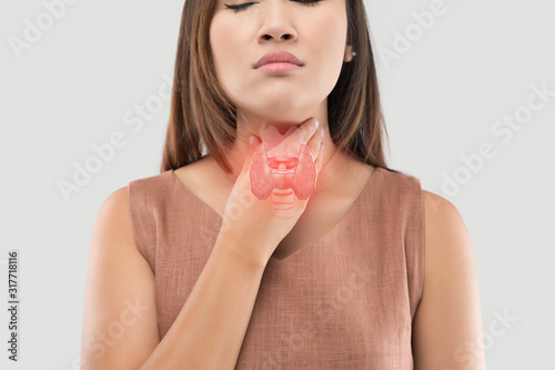 Women thyroid gland control. Sore throat of a people on gray background photo
